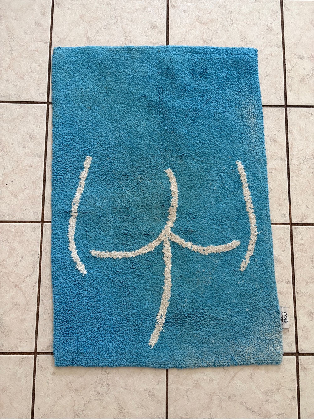 Cold Picnic Plush Blue Bath Mat Rug with White Abstract Line Design